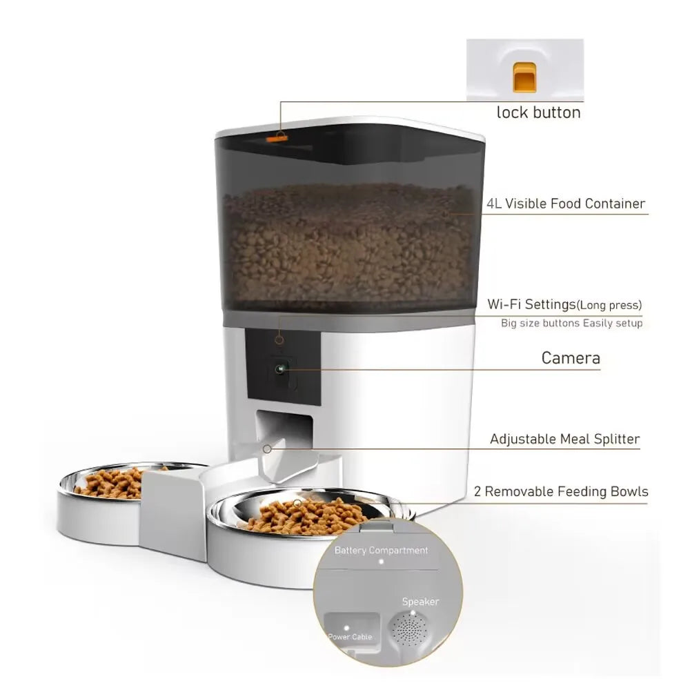 4L Double Meal Camera APP Automatic Pet Feeder Time for Pet Cats Dog Food Stainless Steel Bowl Video Dispenser Smart Pet Feeder